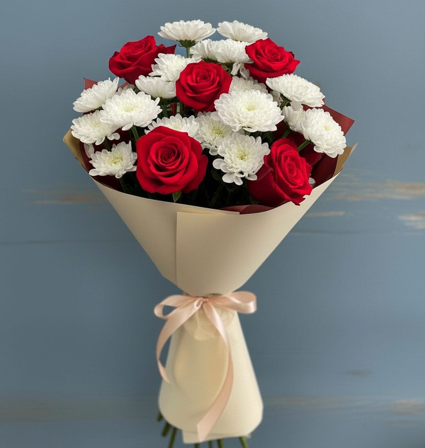 Букет цветов из: Розы и Хризантемы в Ожерелье