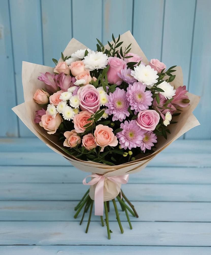 Букет цветов из: Хризантемы, Розы и Альстромерии в Ожерелье