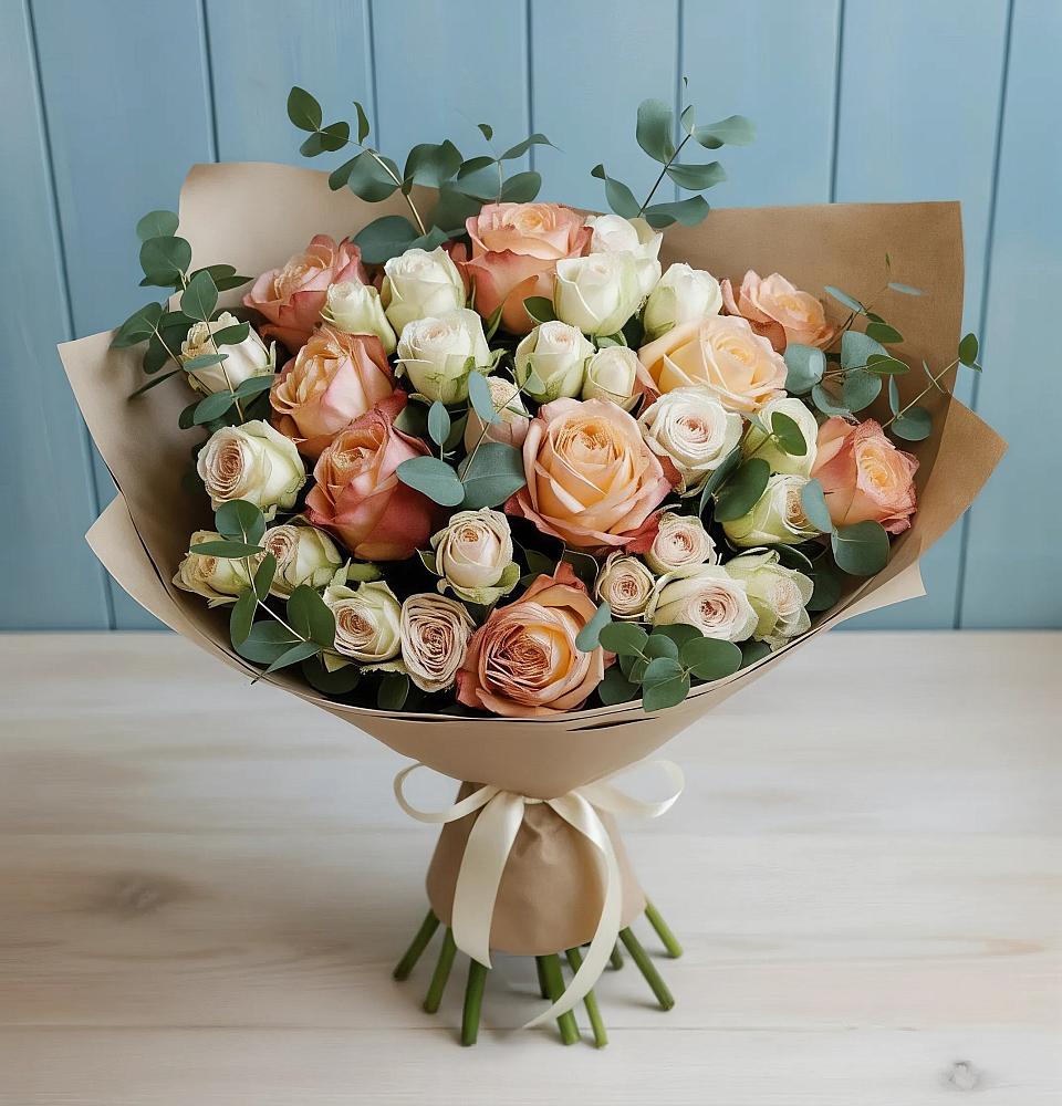 Букет цветов из: Альстромерии и Розы в Ожерелье