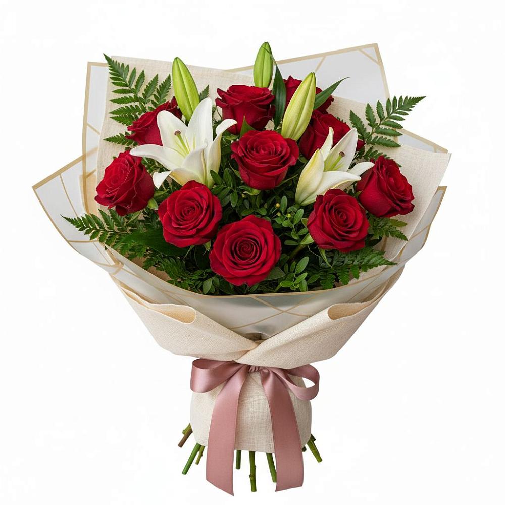 Букет цветов из: Лилии и Розы в Ожерелье