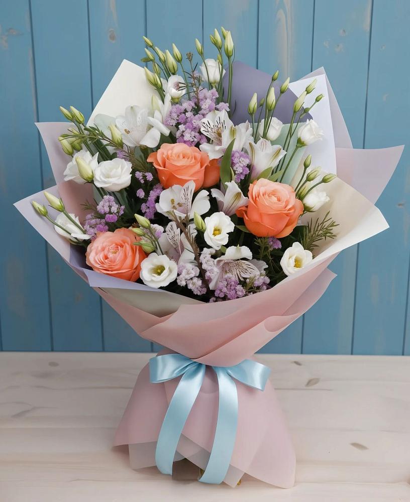 Букет цветов из: Лизиантусы, Розы, Альстромерии и Гипсофила в Ожерелье