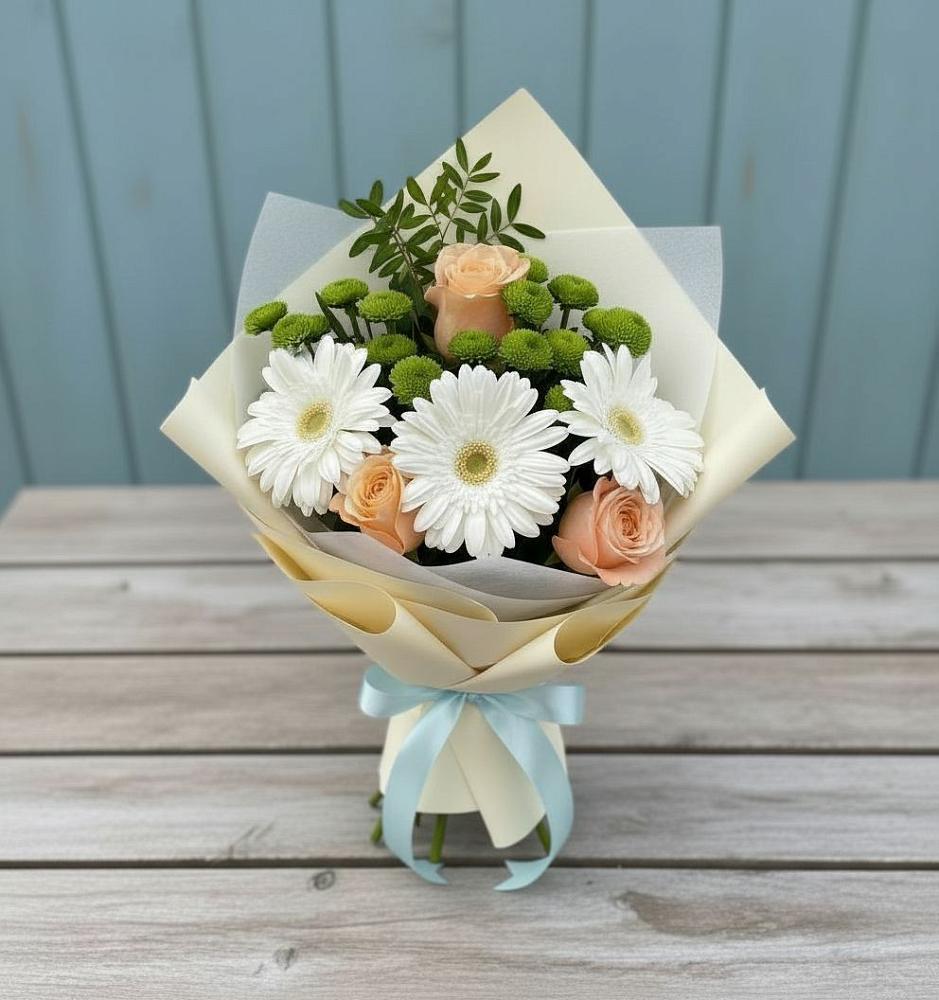Букет цветов из: Герберы, Розы и Хризантемы в Ожерелье