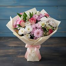 Букет цветов из:  Хризантемы, Альстромерии и Розы в Ожерелье