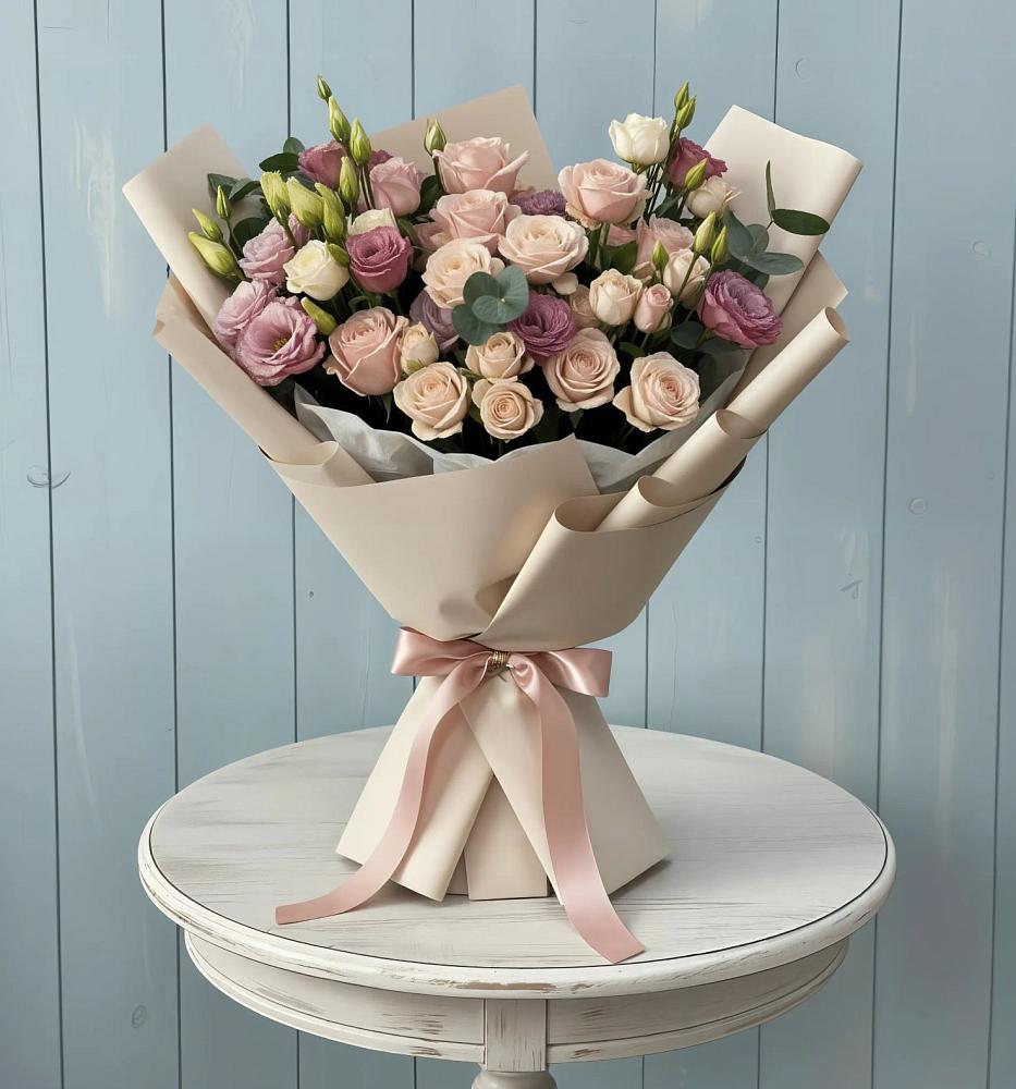 Букет цветов из: Розы и Лизиантусы в Ожерелье