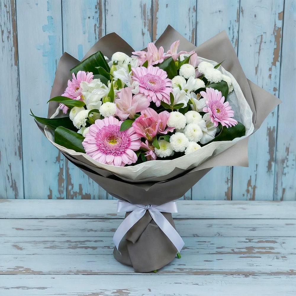 Букет цветов из: Герберы, Альстромерии и Хризантемы в Ожерелье