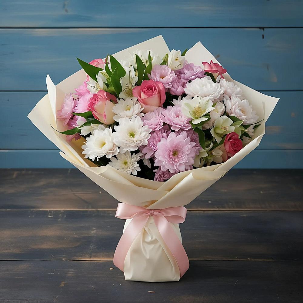 Букет цветов из: Хризантемы, Альстромерии и Розы в Ожерелье